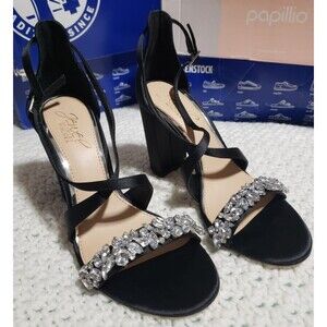 Badgley Mischka Black Satin Cross Strap Jeweled Bridal Block Heel Sandals Size 6